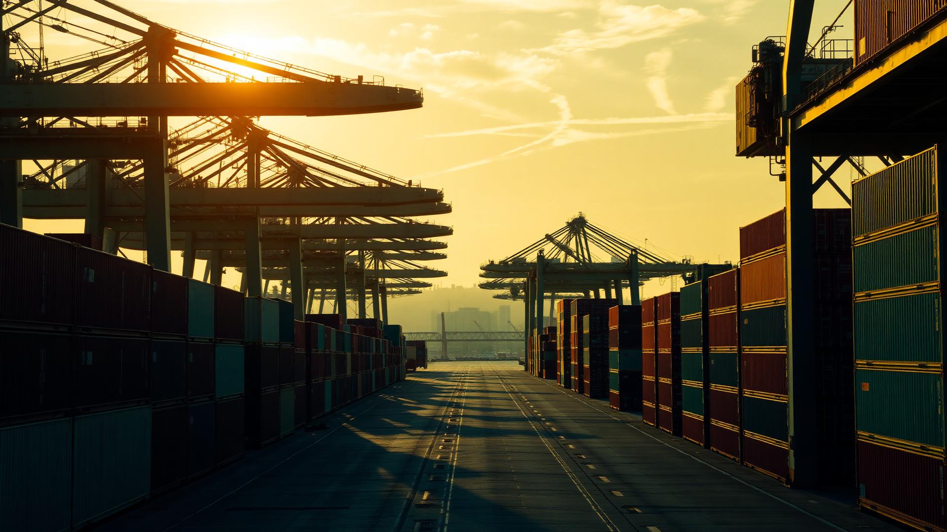 Terminal portuário com guindastes ao entardecer
